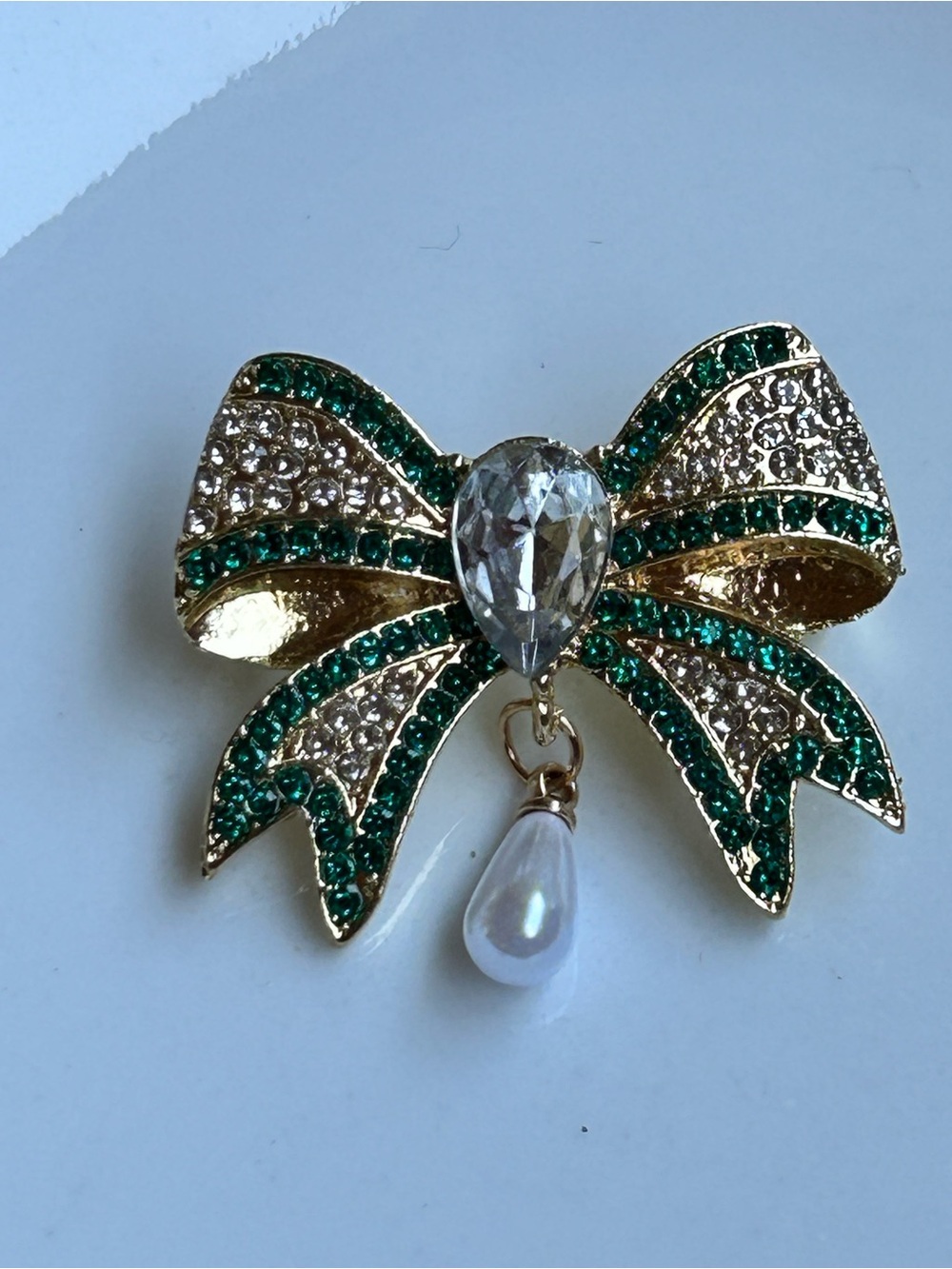 Gold Bow Brooch with Green Crystals and Pearl Drop